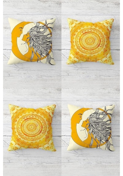 Pelangi Batik Desenli Ay Ve Güneş Kız Tema Gizli Fermuarlı Kırlent Kılıfı Koltuk Yastık Kılıfı Takım 4adet Çok Renkli