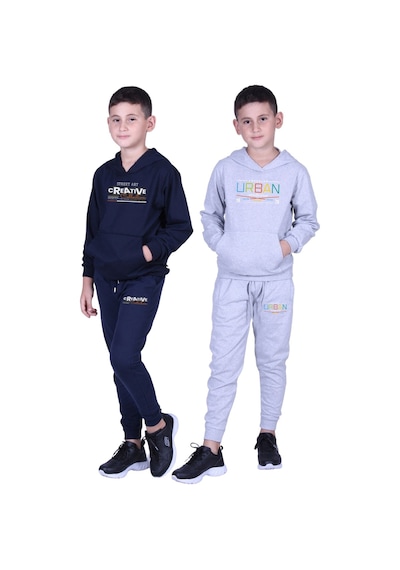 Fyk Kids Erkek Çocuk Baskılı Kanguru Cepli Kapüşonlu 2li Eşofman Takımı Lacivert - Gri