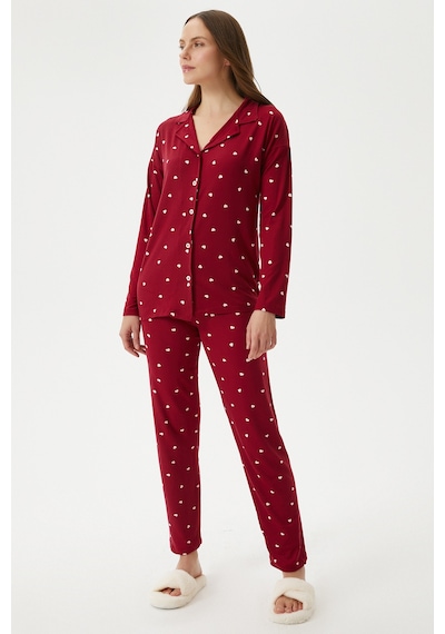 Ritnice Kadın Sweety Extra Soft Bordo Kalpli Pijama Takımı Bordo