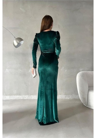 Lior Design Kadın El Emeği Kadife Kumaş Kruvaze Yaka Yırtmaçlı Maxi Abiye Elbise Zümrüt