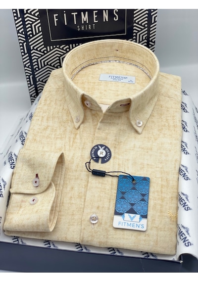 Slim Fit Uzun Kol Müslin Dijital Baskılı Hediye Kutulu Erkek Gömlek Fs-004599 - Sarı-3360