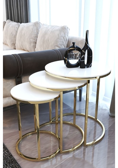 Usta Mekan Gold Metal Parlak Beyaz Mdf Tabla Zigon Sehpa Gold Beyaz