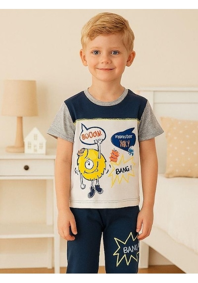 Zekids Erkek Çocuk Eğlenceli Baskılı Kısa Kollu Pijama Takımı-16033 Beyaz