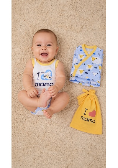 Babyhola Bebek Çıtçıtlı Badi Tulum Bere 3'lü Takım %100 Pamuk Annemi Seviyorum Yazılı 587-8 Mavi