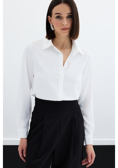 Sateen Klasik Düz Gömlek - Ekru