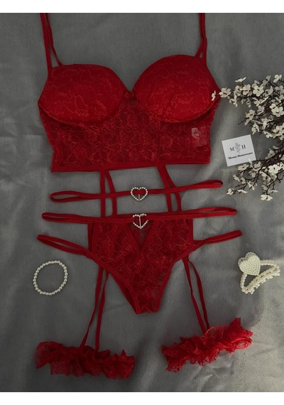 Mh Moony Homewears İstin Kırmızı Taş Detaylı Jartiyer Set Kırmızı