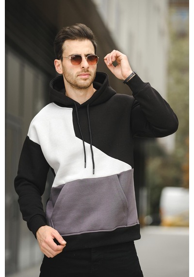 Placide Üç İplik Pamuklu Parçalı Kapüşonlu Erkek Sweatshirt 001