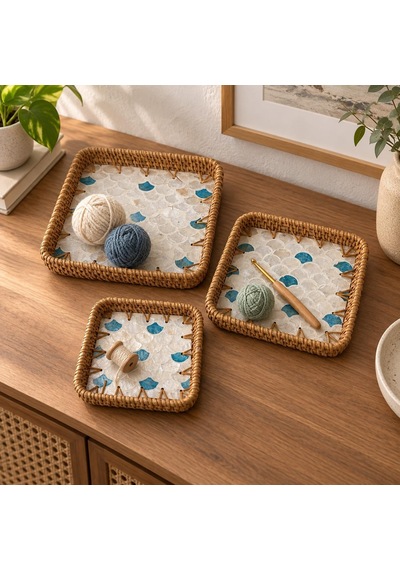 3'lü Hasır Desenli Kare Tepsi Seti, 20 Cm, 17 Cm Ve 14 Cm İç İçe Geçen Servis Tepsileri, Kahvaltı, Çay, Kahve Ve İkram Sunumu İçin Asorti Desenli Tepsi Takımı Çok Renkli