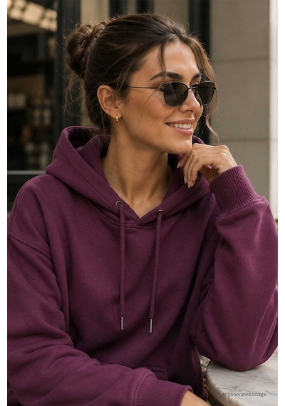 TOMMYLIFE Soft Vişne Standart Kapüşonlu Kanguru Cepli Basic Kadın Sweatshirt - 97321