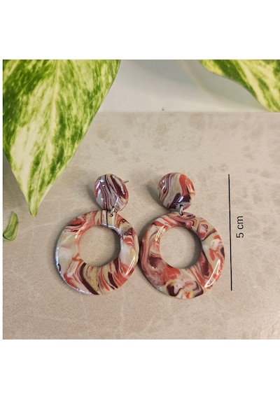 El Yapımı Polimer Kil Küpe - 14k Altın Kaplama Çelik Detaylı Ebru Desenli Halka Sallantılı Küpe Aura Swirl Ebruli