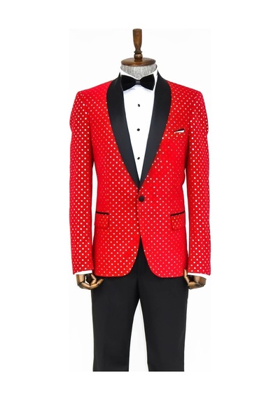 Wessi Nokta Desenli Slim Fit Kırmızı Erkek Smokin Ceket Kırmızı