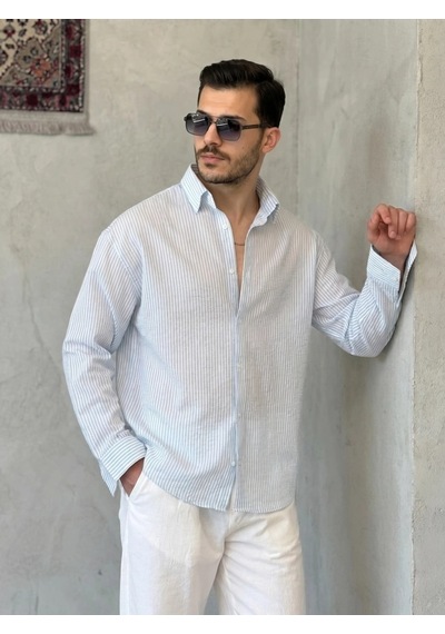 Valensdesign Erkek İnce Çizgili Gofre Kumaş Rahat Kalıp Gömlek Buz Mavi