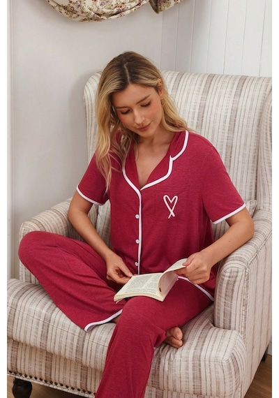 Bella Notte Bordo Düğme Ve Kalp Detaylı Kısa Kollu Pijama Takımı