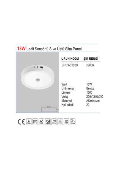 Sensörlü Sıva Üstü Slim Led Panel 18 W Beyaz Işık Bp03-51830 Bra