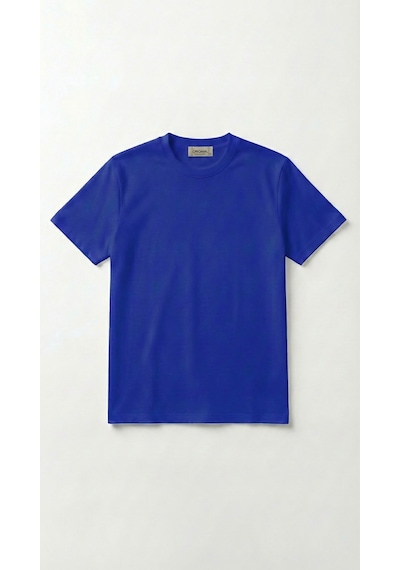 Unisex Düz Renk Bisiklet Yaka Basic Tişört Mavi