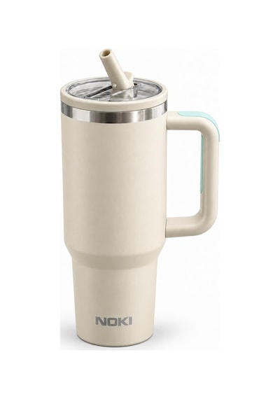 Nokı T-0137 1200 Ml Paslanmaz Çelik Tumbler Termos Bardak, Pipetli Yedek Kapaklı, Saplı Krem