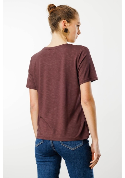 Kadın Sıfır Yaka Flamlı Kumaş Penye Tshirt Kahve Kahve
