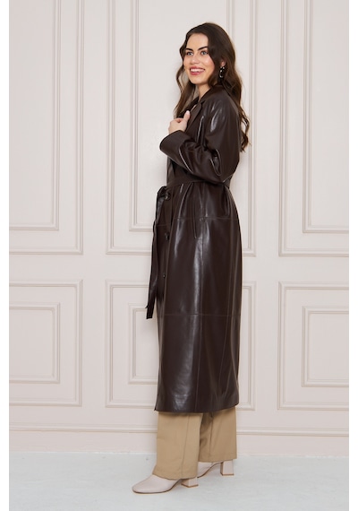 M M Marki Marki Kadın Hakiki Deri Trençkot Kahverengi, V Yaka, Kuşaklı, Düğme Kapamalı, Oversize, 120 Cm - 117222