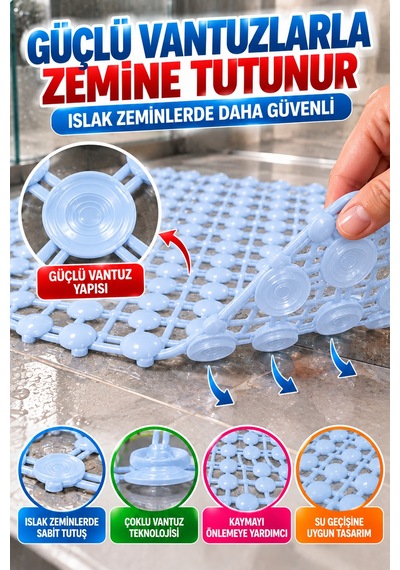 Crystal Kaymaz Vantuzlu Banyo Paspası Mavi 68x35 Cm Islak Zemin Kaydırmaz Küvet Duşakabin Pvc Matı