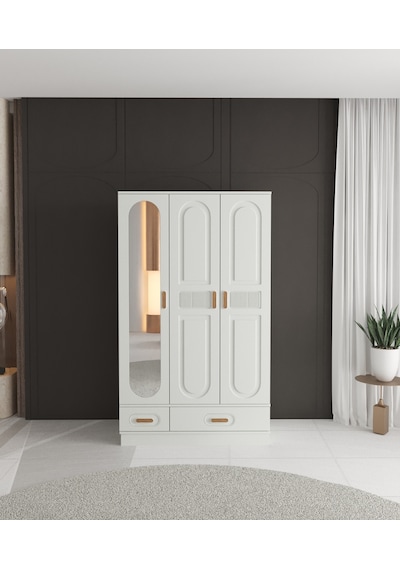 Dova 3 Kapaklı Çekmeceli Bazalı Gardırop - Tamamı Mdf Beyaz