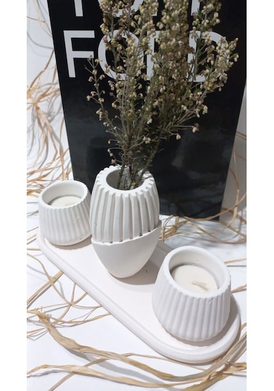 İskandinav Vazolu Tabaklı Tealight Mumluk Set Beyaz Beyaz