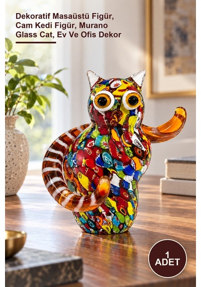 1 Adet El Yapımı Murano Cam Kedi Figürü Dekoratif Masaüstü Figür, Cam Kedi Figür, Murano Glass Cat, Ev Ve Ofis Dekor