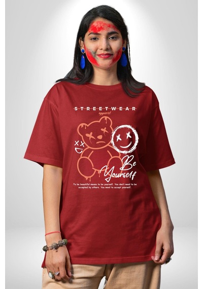 Yükseliş İçin Kendin Ol Pamuklu Bisiklet Yaka Unisex Oversize Boyfriend Dijital Baskılı Kırmızı T-shirt Kırmızı