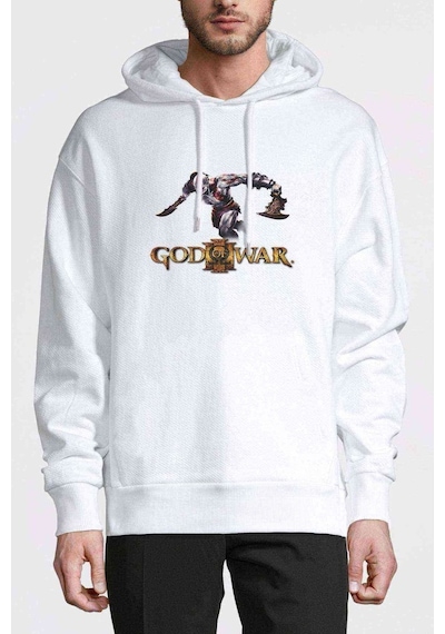 God Of War Baskılı Beyaz Erkek Örme Kapşonlu Sweatshirt (531035700)