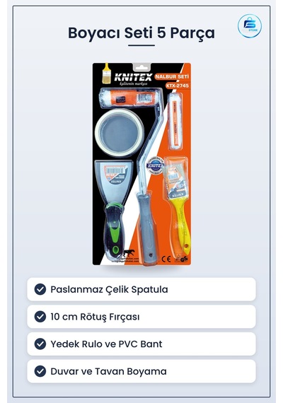 Boyacı Seti 5 Parça Fırça Ve Rulo Paslanmaz Çelik Spatula Pvc Ban