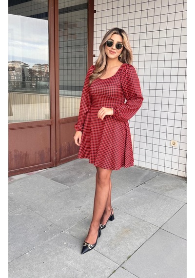Mythrıva Kadın Uzun Kollu Kare Kalp Yakalı Mini Modal Elbise Kırmızı