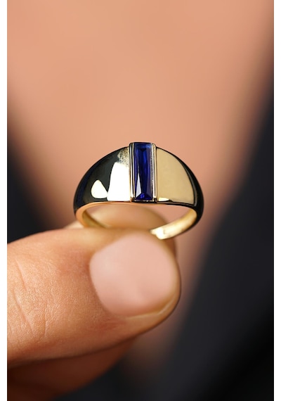 14 Ayar Altın Safir Taşlı Oval Erkek Yüzük Sarı Altın
