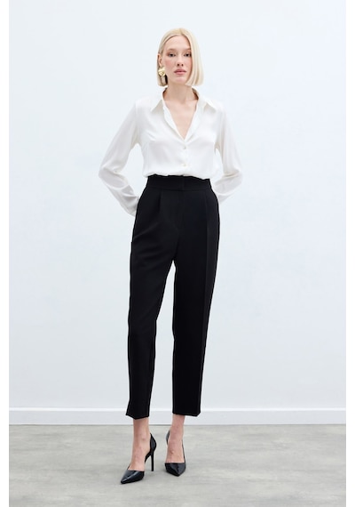 Sateen Yüksek Bel Klasik Pantolon - Siyah-136259 Siyah