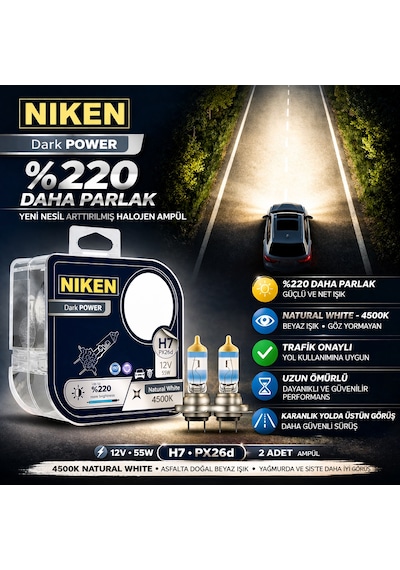 Niken H7%220 Daha Parlak, 4500k Doğal Beyaz Işık, 12v 55w Trafiğe Çıkış Onaylı Dark Power Standart Far Uyumu, 2'li Paket