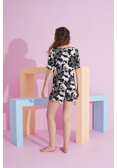 Siyah İnci Likralı Örme T-shirt-şort Pijama Takım Zebra Desen