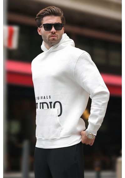 Madmext Ekru Kapüşonlu Baskılı Cep Detaylı Sweatshirt E7076 Ekru