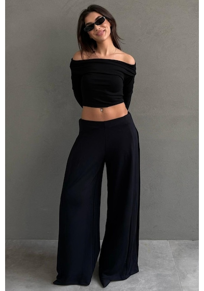 Madmext Siyah Yumuşak Dokunuşlu, Yanları Pilili, Modal İçeren Geniş Paça Pantolon Mg2668