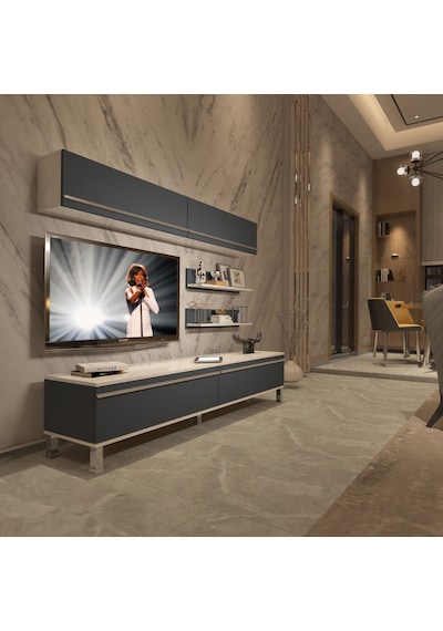 Decoraktiv Eko 5 Mdf Std Krom Ayaklı Tv Ünitesi Tv Sehpası Beyaz - Antrasit
