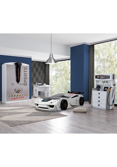 Setaymobilya Sports Çocuk Odası, Vento Araba Dolap Masa Şifonyer - Beyaz