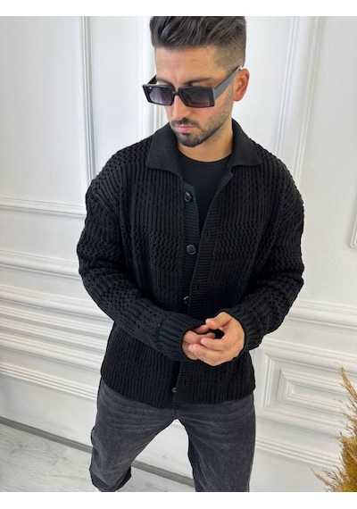 Elku Moda Hırka Oversize Özel Örgülü Triko Desenli Salaş Örgü Hırka Siyah