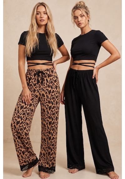 Siyah İnci 2'li Fiyonk Desenli Yumuşak Tuşe Kışlık Örme Tek Alt Pijama Altı 8074 Siyah Leopar