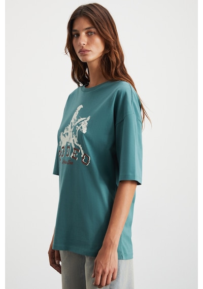 Grımelange Majer Kadın %100 Organik Pamuklu Western Tema Baskılı Regular Fit Yeşil T-shirt