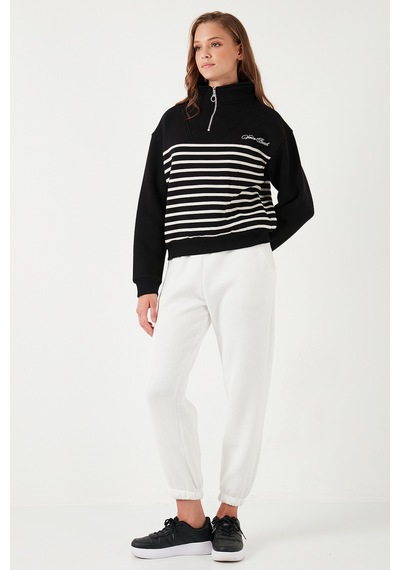 Lela Streç Oversize Fit Yarım Fermuarlı Dik Yaka Bayan Sweat 5865883 Siyah