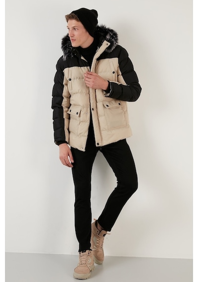 Buratti Slim Fit Çıkarılabilir Suni Tüylü Kapüşonlu Şişme Erkek Mont 5760076 Siyah-Taş