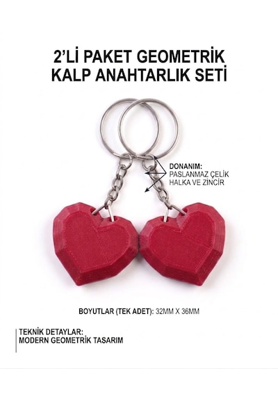 2'li Geometrik Kalp 3d Anahtarlık & Çanta Süsü Kırmızı