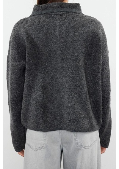 Ersefa Kadın Modern Tarz Oversize Polo Yaka Regular Triko Hırka Antrasit