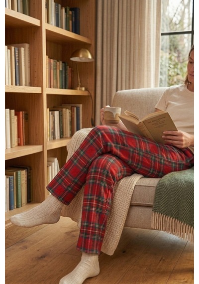 Mataş Kadın Ekose Desenli Pijama Altı Lastikli Bel Ev Giyim Pantolonu Kırmızı