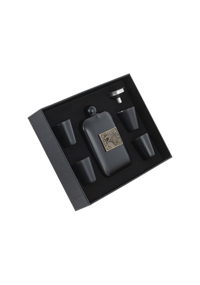 Lüks Kartal Logolu Paslanmaz Çelik İçki Matarası Avcı Kamp Outdoor Hediye Seti Cep Matarası 240 Ml. Siyah