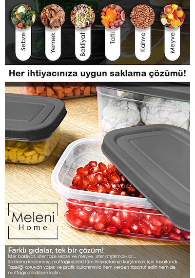 Meleni Home Dikdörtgen Mikrodalgaya Uygun Düzenleyici Organizer Erzak Saklama Kabı Gri 400 ML 8 Adet Gri