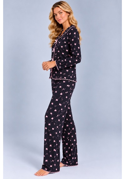 Pijamask Kadın Desenli Fiyonk Detaylı Düğmeli Uzun Kollu Müslin Pijama Takımı Siyah