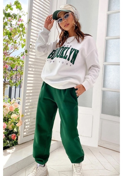 1898 Brooklyn Eşofman Takımı Sweatshirt Jogger - Beyaz Yeşil Baskılı Oversize Şardonlu Bisiklet Yak Beyaz Yeşil 1898 Brooklyn Eşofman Takımı Sweatshirt Jogger - Beyaz Yeşil Baskılı Oversize Şardonlu Bisiklet Yak Beyaz Yeşil